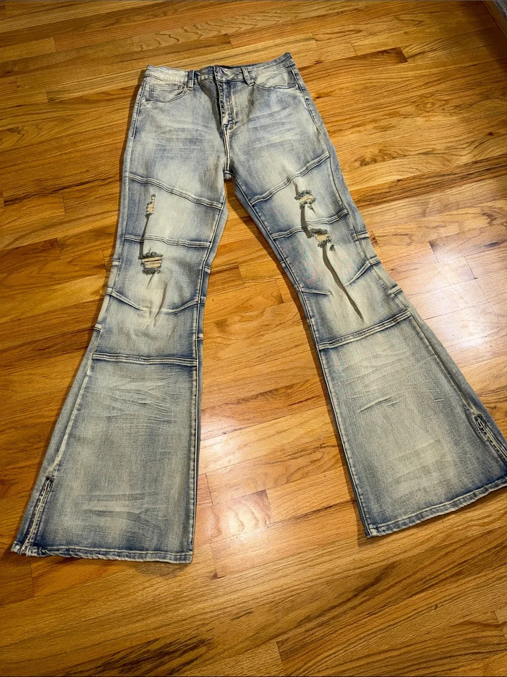 Fashion Nova Block List Distressed High Rise Bootcut Stacked Jeans Vintage Wash - Picture 5 of 11